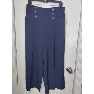 Genius Garb Navy Blue Wide Leg Cropped Pull On Sailor Pants Buttons 12 NWT